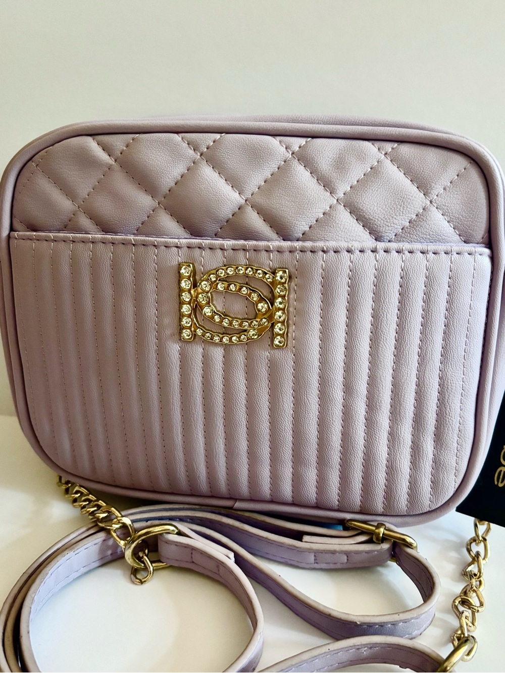 NWT Bebe Hazel Rhinestone Crossbody Bag Lilac Quilted Gold Chain Purse